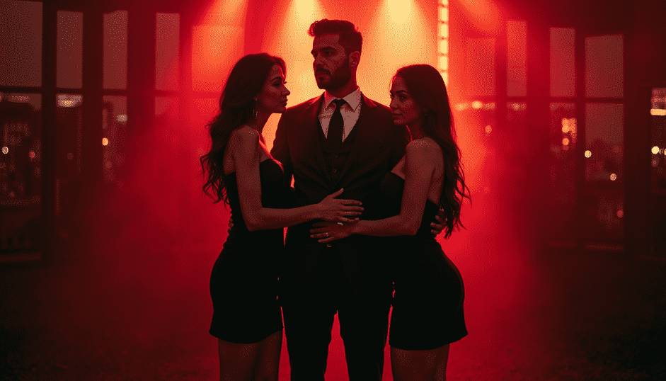 Man in suit with two women in black dresses, KL escort duo
