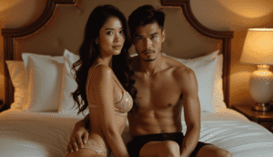 Couple posing on a bed in a luxurious hotel room