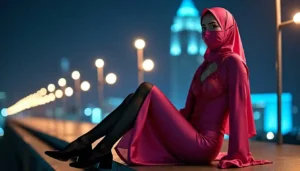 Woman in pink hijab and dress with mask poses at night with city lights.