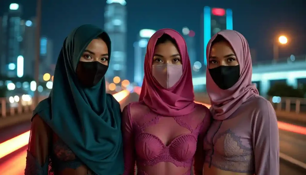 Three women in hijabs and masks at night with city lights