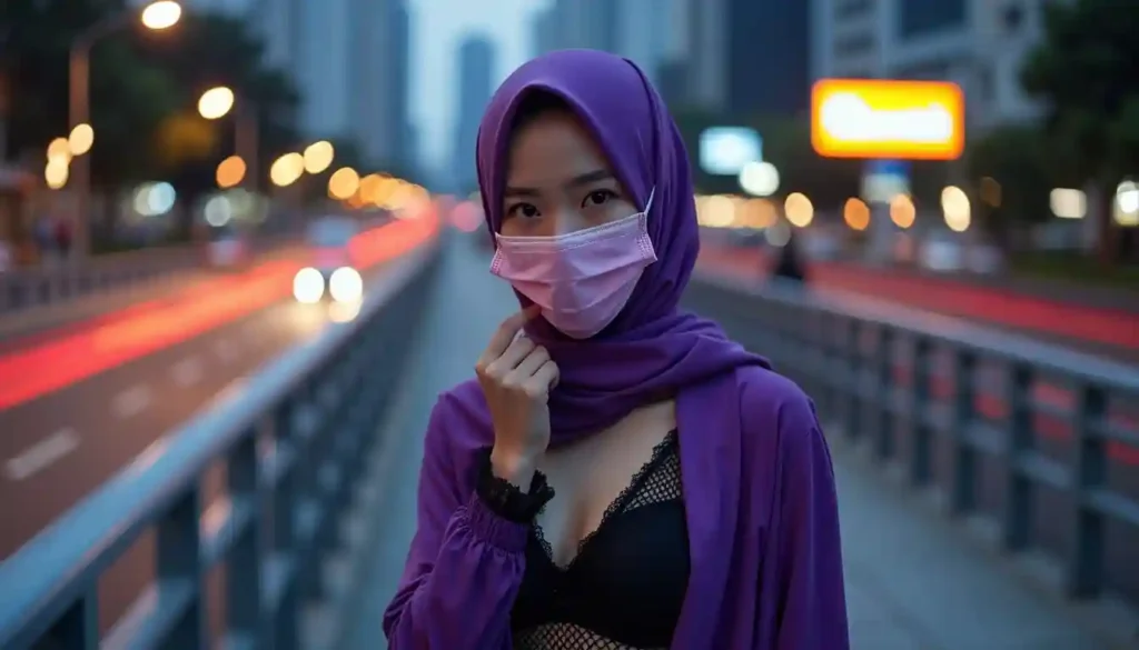 Woman in hijab and mask on city street at night