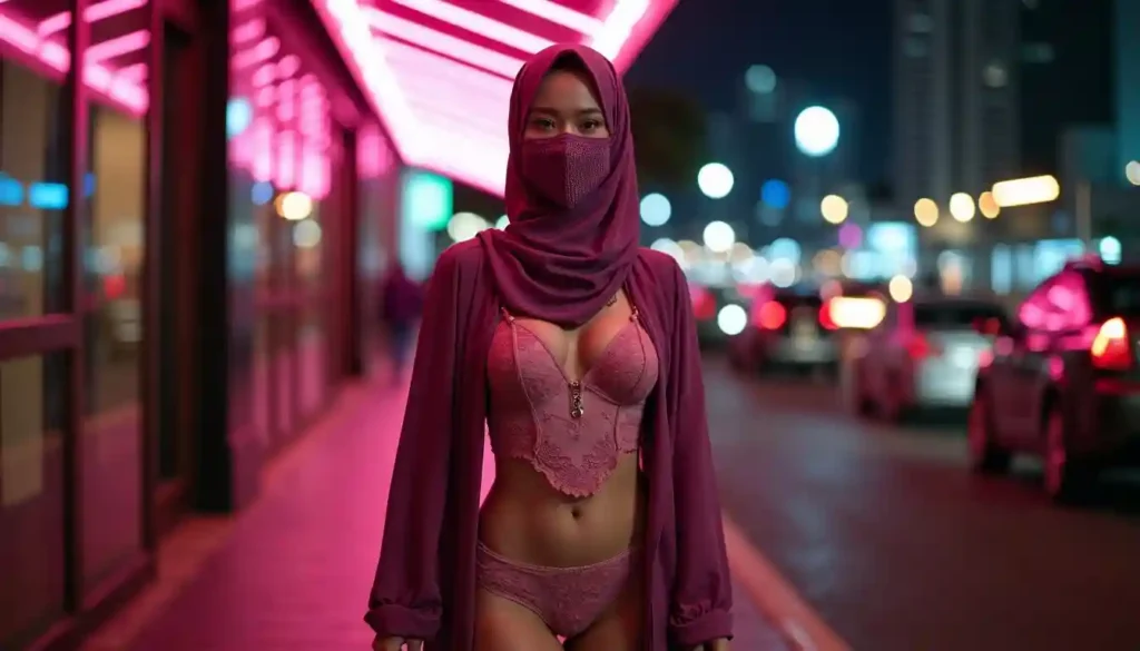 Woman in hijab and lingerie on a neon-lit street in Malaysia