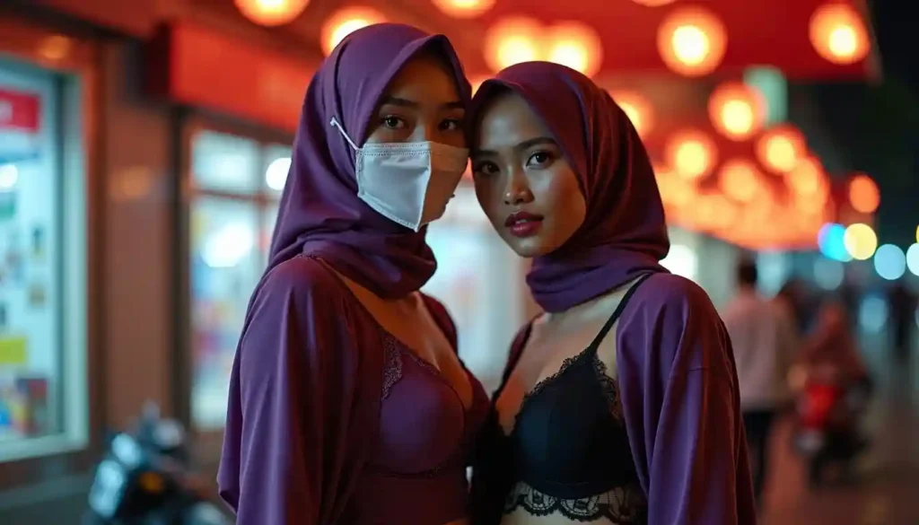 Two women in hijabs and stylish attire at night, one wearing a mask.