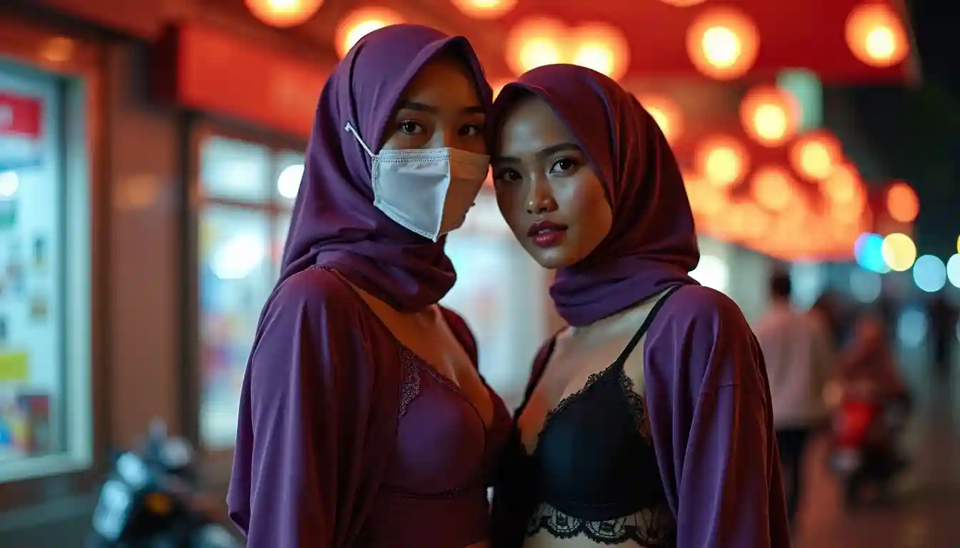 Two women in hijabs and stylish attire at night, one wearing a mask.
