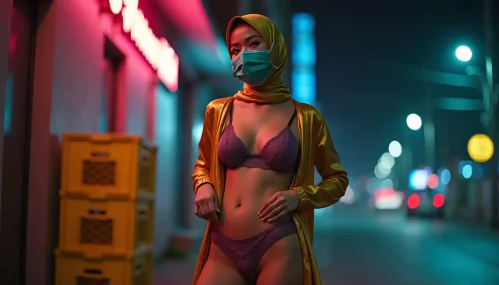 Woman in hijab and lingerie at night, with mask. Keywords: Malaysia Escort, KL Escort, Petaling Jaya Escort, KL Call Girl.