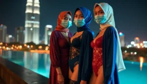 Three women in hijabs and masks pose by a pool with Kuala Lumpur skyline at night.
